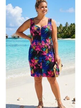 Plus Size Black Tropical Floral Swim Dress